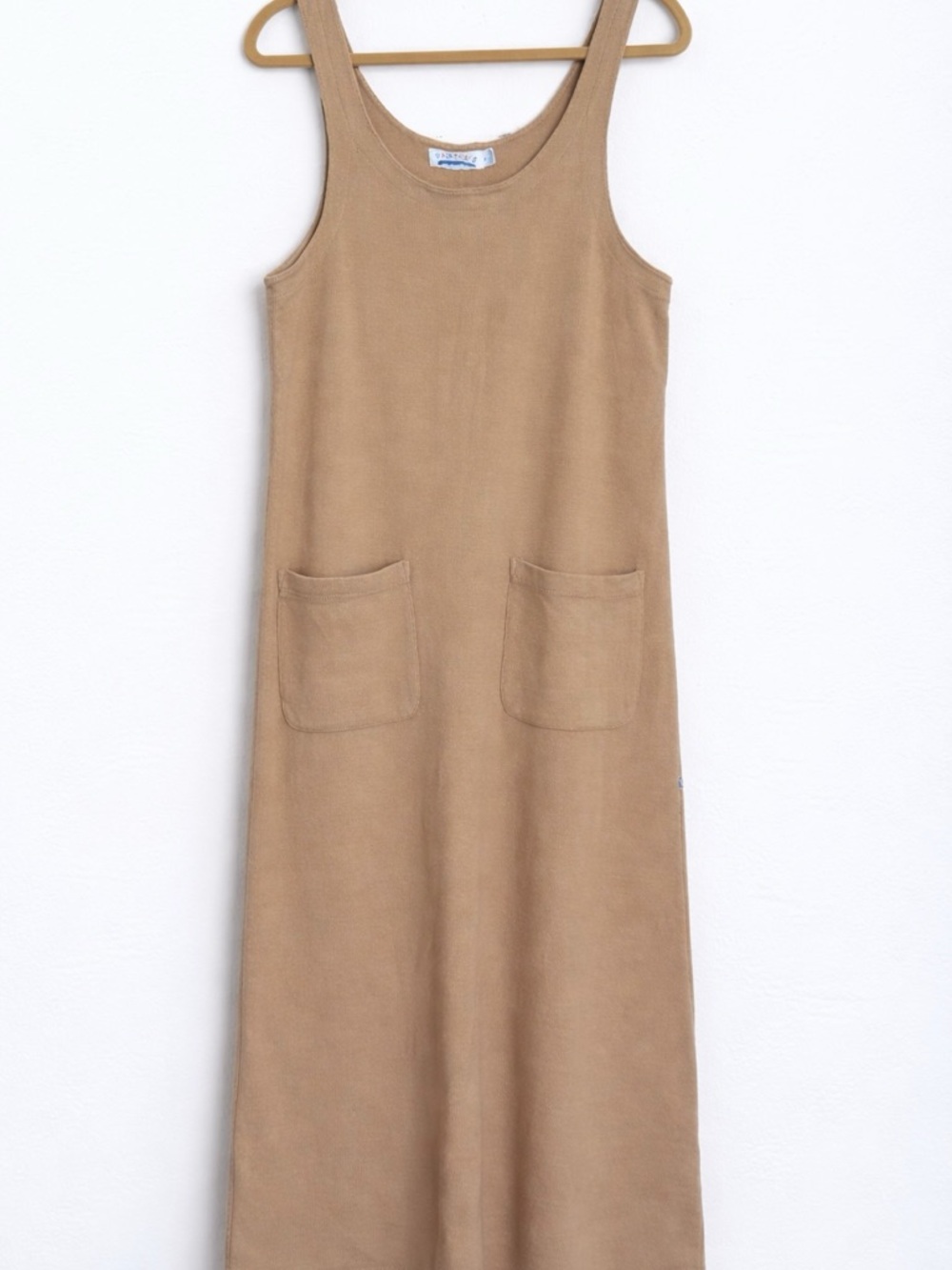 90s Y2K Minimalist Tan Cotton Sleeveless Midi Dress Boxy Pockets M Summer Staple